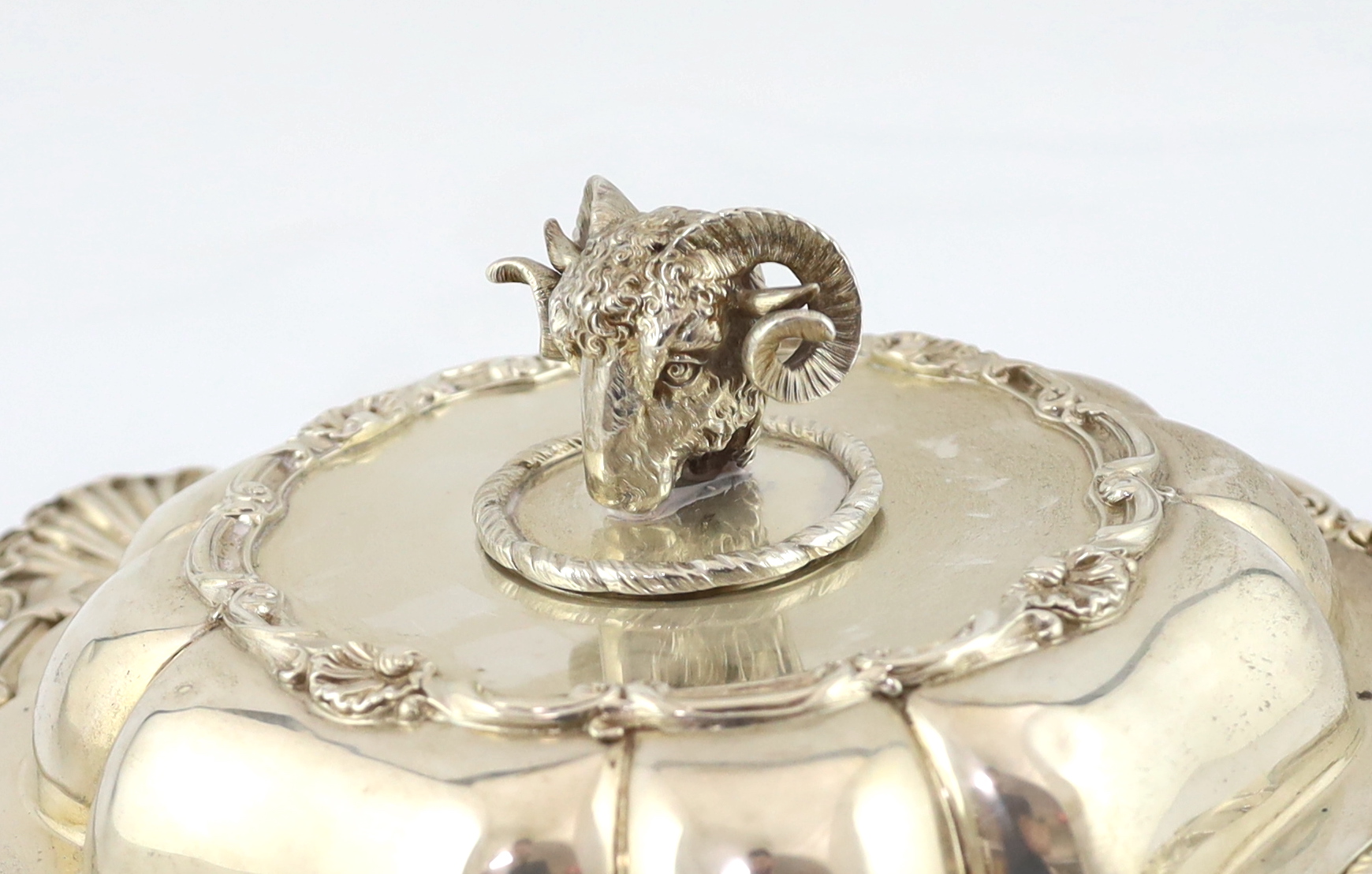 A Victorian ornate silver entree dish and cover with ram's head handle, by John Samuel Hunt (Hunt & Roskell ex. Storr & Mortimer)